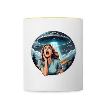 Alien Invasion: Woman fears UFOs - Contrasting Mug - white/yellow - Front