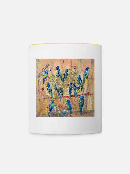 Lebendige Vogelparade im Expressionismus - Tasse zweifarbig - Weiß/Gelb