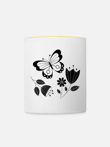 Schmetterling mit Blumen - Tasse zweifarbig - Weiß/Gelb