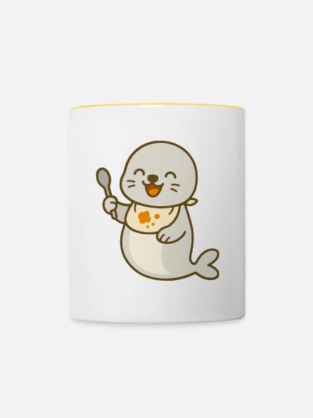 Futtern mit dem Robbenbaby - Tasse zweifarbig - Weiß/Gelb