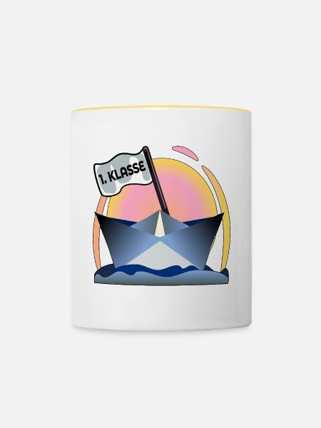 Einschulung Schulanfang Papierboot - Tasse zweifarbig - Weiß/Gelb