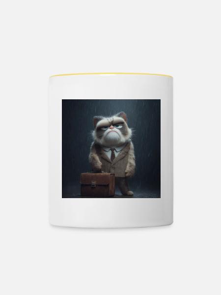 Bürokatze im Regen - Tasse zweifarbig - Weiß/Gelb