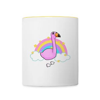 Flamingo and a rainbow cartoon - Contrasting Mug - white/yellow - Front