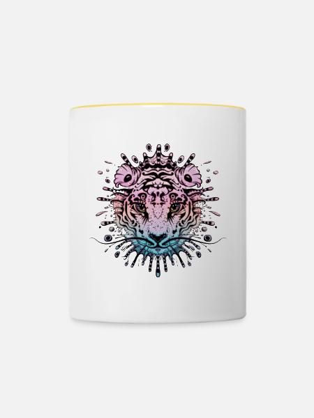 Bunter Fantasie-Tigerkopf - Tasse zweifarbig - Weiß/Gelb