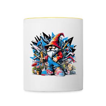 Nain de jardin coloré et vivant entouré d’outils - Mug contrasté - blanc/jaune - Devant