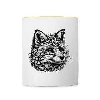 kunstvoll gestalteter Fuchs in schwarz-weiß - Tasse zweifarbig - Weiß/Gelb - Vorne