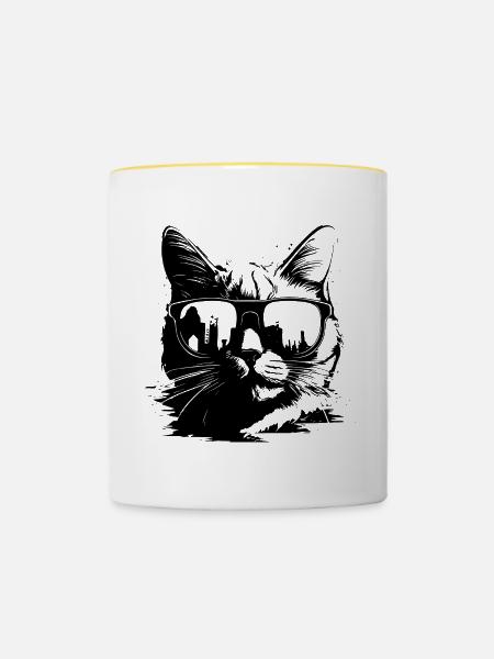 Katze mit Sonnenbrille - Tasse zweifarbig - Weiß/Gelb