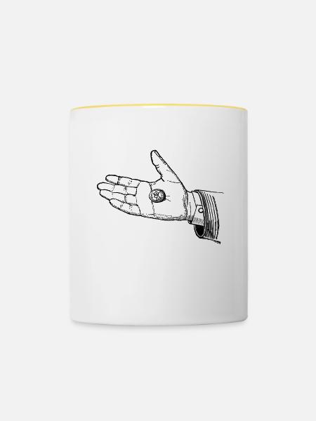 Hand mit Münze - Tasse zweifarbig - Weiß/Gelb