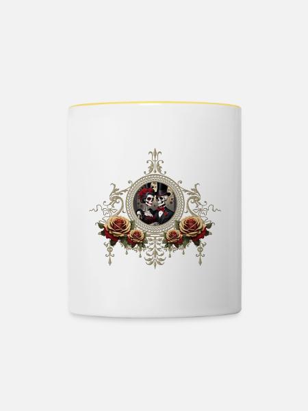 Romantik eines Totenkopf-Hochzeitspaares - Tasse zweifarbig - Weiß/Gelb