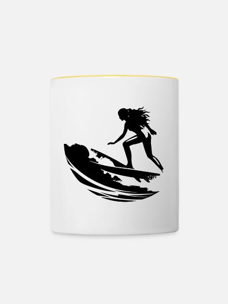 Weiblicher Surfer - Tasse zweifarbig - Weiß/Gelb