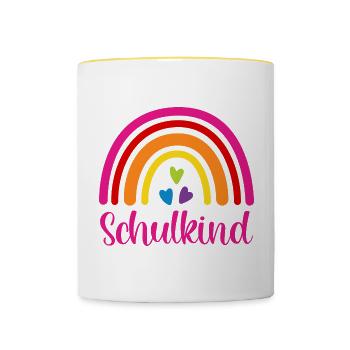 Schulkind Regenbogen Schulanfang Einschulung 2026 - Tasse zweifarbig - Weiß/Gelb - Vorne