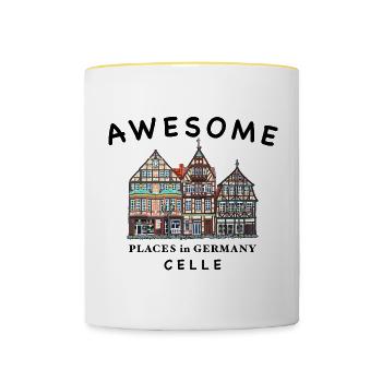 Celle, Altstadt Häuser, Handzeichnung, Deutschland - Tasse zweifarbig - Weiß/Gelb - Vorne
