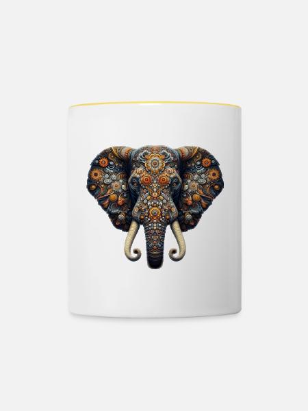 Im Mosaik-Stil verzierter Elefant - Tasse zweifarbig - Weiß/Gelb