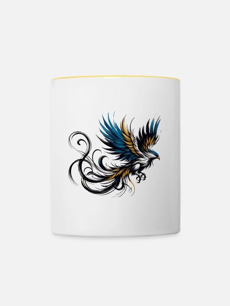 Bunter fliegender phantastischer Vogel - Tasse zweifarbig - Weiß/Gelb