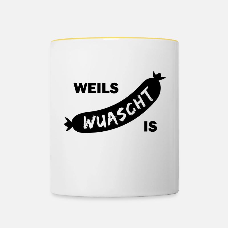 it's sausage, because it's wuascht, sausage shirt - Contrasting Mug - white/yellow