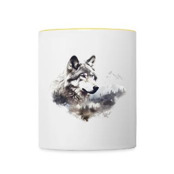 Wolf with mountains - Contrasting Mug - white/yellow - Front