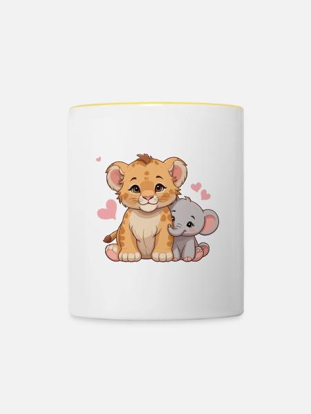 Babylöwe & Babyelefant – Süßes Freundschaftsmotiv - Tasse zweifarbig - Weiß/Gelb