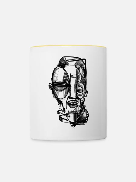 Eine Holzmaske - Tasse zweifarbig - Weiß/Gelb