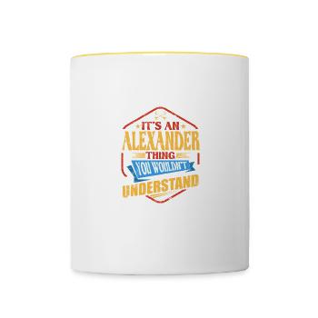 C’est un truc d’Alexander drôle de nom de famille humour - Mug contrasté - blanc/jaune - Devant