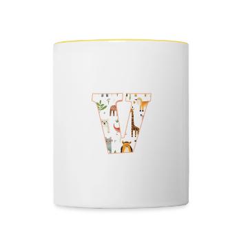 Buchstabe V, Monogramm, Tiermuster - Tasse zweifarbig - Weiß/Gelb - Vorne