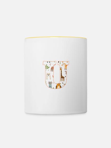 Buchstabe U, Monogramm, Tiermuster - Tasse zweifarbig - Weiß/Gelb