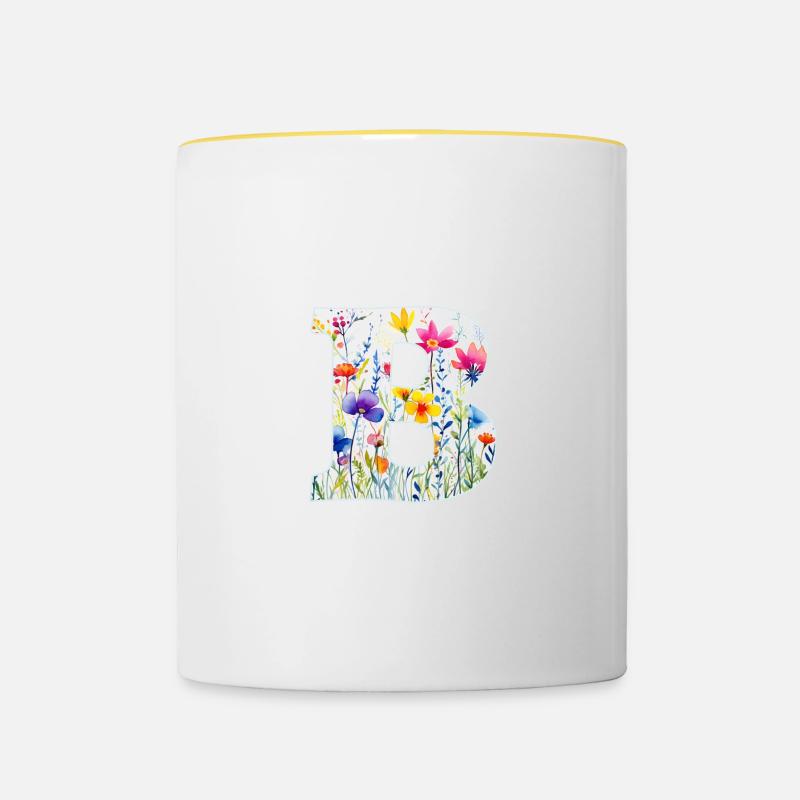 Buchstabe B, Monogramm, Blumenmuster - Tasse zweifarbig - Weiß/Gelb
