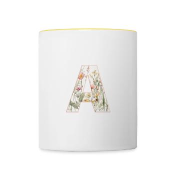 Buchstabe A, Monogramm, Blumenmuster - Tasse zweifarbig - Weiß/Gelb - Vorne