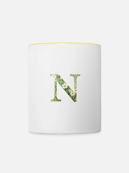 Buchstabe N, Monogramm, Blumenmuster - Tasse zweifarbig - Weiß/Gelb