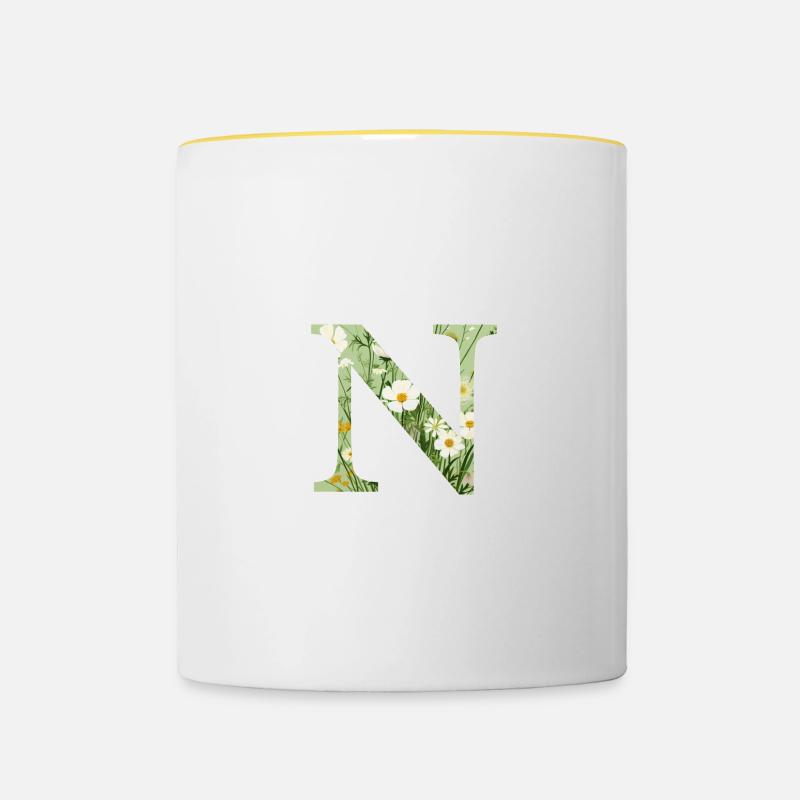Buchstabe N, Monogramm, Blumenmuster - Tasse zweifarbig - Weiß/Gelb