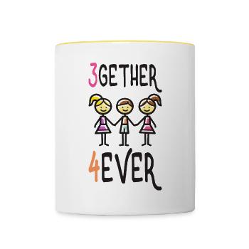 Polyamorie T-Shirt 3gether 4ever Poly Pride - Tasse zweifarbig - Weiß/Gelb - Vorne