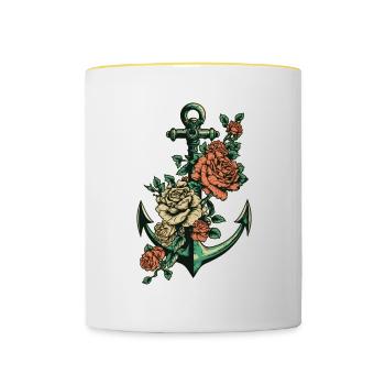 Anker mit Rosen Tattoo - Nautisch Wasser Schiff - Tasse zweifarbig - Weiß/Gelb - Vorne
