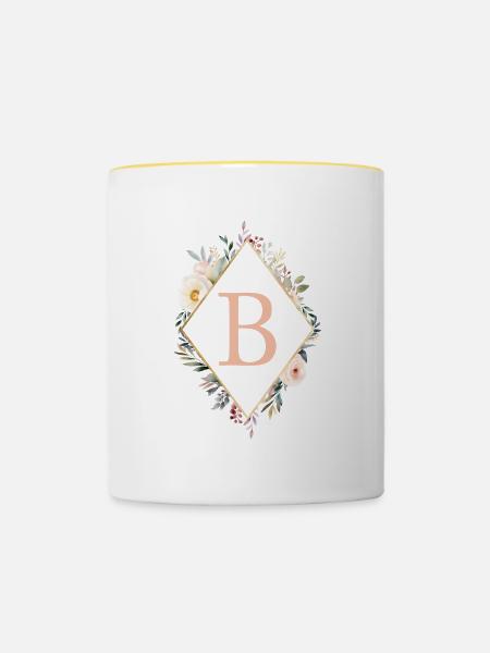 B Monogramm , Floral, Boho - Tasse zweifarbig - Weiß/Gelb