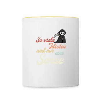 So viele Idioten und nur eine Sense Halloween - Tasse zweifarbig - Weiß/Gelb - Vorne