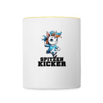 "Spitzen Kicker" - lustiges Fußball Einhorn - Tasse zweifarbig - Weiß/Gelb - Vorne