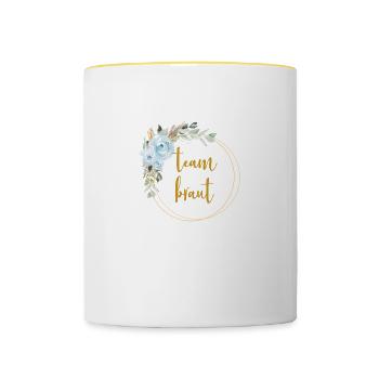Team Braut! Eukalyptus Blauer Rosen Boho Kranz - Tasse zweifarbig - Weiß/Gelb - Vorne