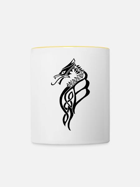 Großer Schwarzer keltischer Drache - Tasse zweifarbig - Weiß/Gelb