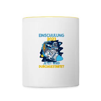 Einschulung 2023 Rakete Schulkind Schuleinführung - Tasse zweifarbig - Weiß/Gelb - Vorne