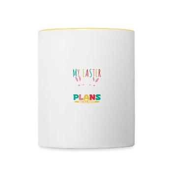 Bei meinen Osterplänen dreht sich alles um Schokohasen - Tasse zweifarbig - Weiß/Gelb - Vorne