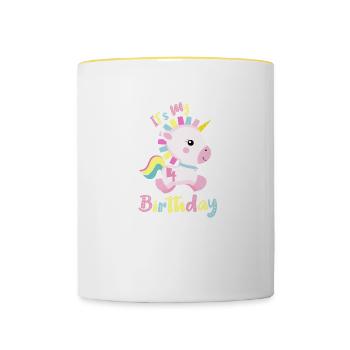 C'est mon 4ème anniversaire bébé cadeau de licorne - Mug contrasté - blanc/jaune - Devant