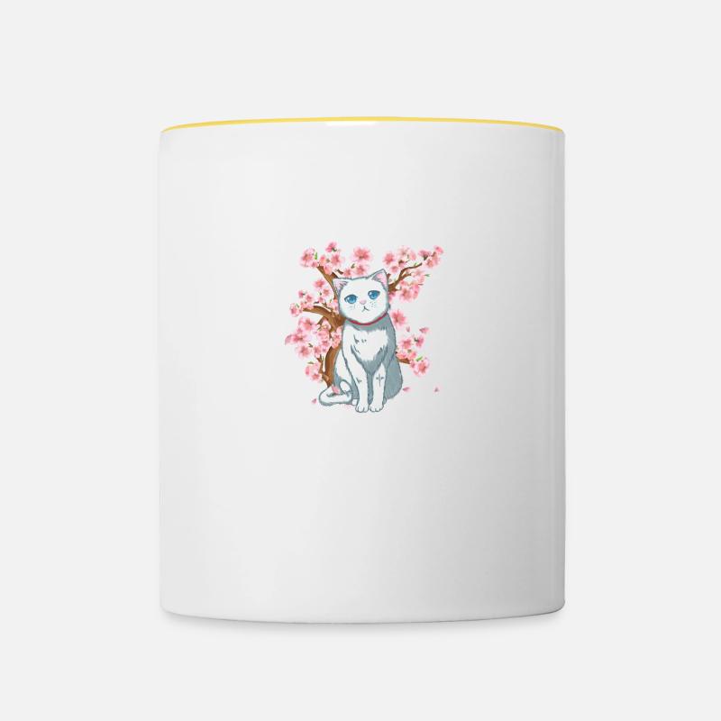 Fleur de cerisier japonais Samouraï Fleur de chat japonais - Mug contrasté - blanc/jaune