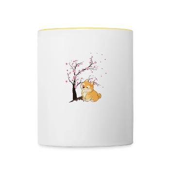 Fleur de cerisier Japon Art japonais Kawaii Shiba Inu - Mug contrasté - blanc/jaune - Devant