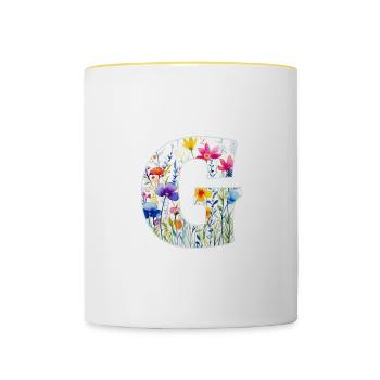 Lettre G, Monogramme, Motif Floral - Mug contrasté - blanc/jaune - Devant