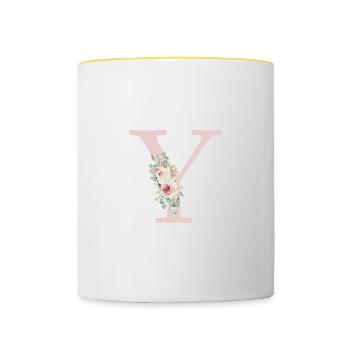 Y| Monogramme | Eucalyptus Pastel Fleur Bleu - Mug contrasté - blanc/jaune - Devant