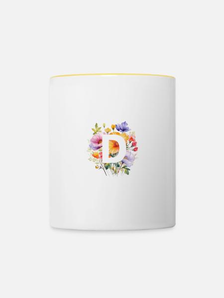 D Monogramm , bunter Blumenstrauss - Tasse zweifarbig - Weiß/Gelb