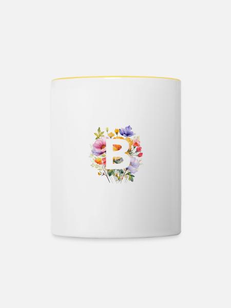 B Monogramm , bunter Blumenstrauss - Tasse zweifarbig - Weiß/Gelb