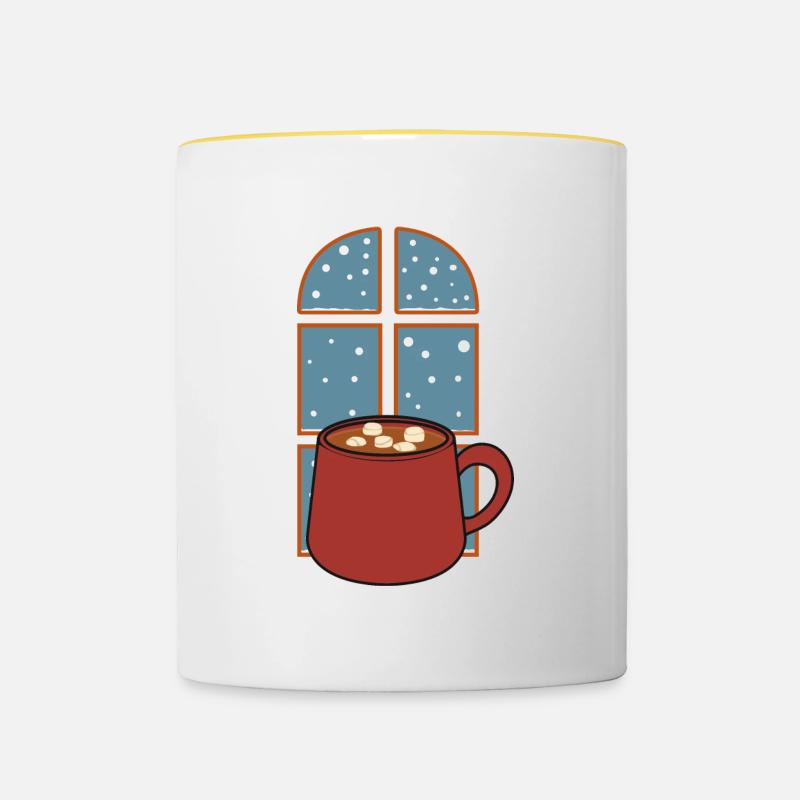 Chocolat chaud en hiver, randonnée confortable en - Mug contrasté - blanc/jaune