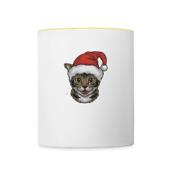 Chat Noël père Noël chapeau bande dessinée - Mug contrasté - blanc/jaune - Devant