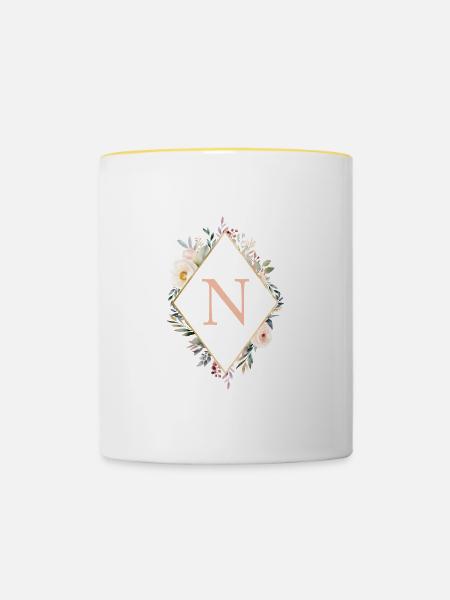 N Monogramm , Floral, Boho - Tasse zweifarbig - Weiß/Gelb