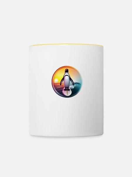 Pinguin Surfer Sonnenuntergang - Tasse zweifarbig - Weiß/Gelb