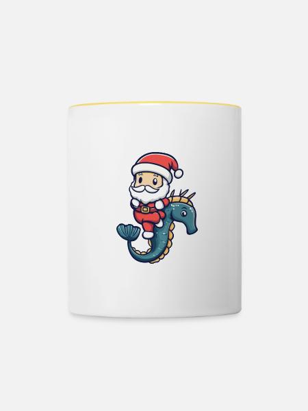 Seepferd Weihnachtsmann - Tasse zweifarbig - Weiß/Gelb